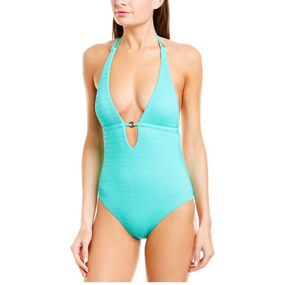 New Trina Turk Turquoise Textured Halter One-Piece Swimsuit Keyhole Plunge 10